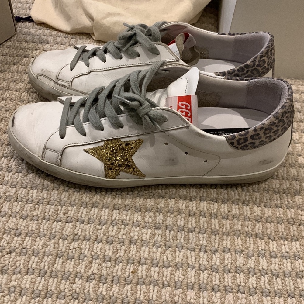 Golden Goose White Leather Sneakers with Gold Glitter Star and Leopard Heel - Picture 4 of 9